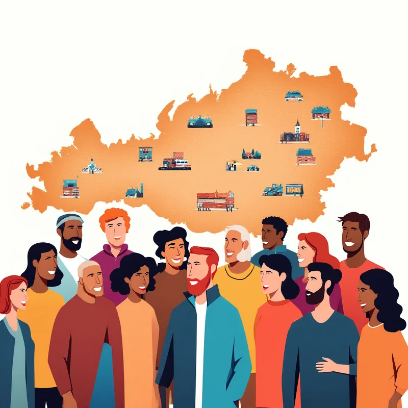 A diverse group of people standing together in front of a stylized map of Austria, representing the integration program and the diverse population of the country.