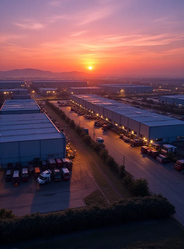 Aerial view of a sprawling industrial park during sunset.