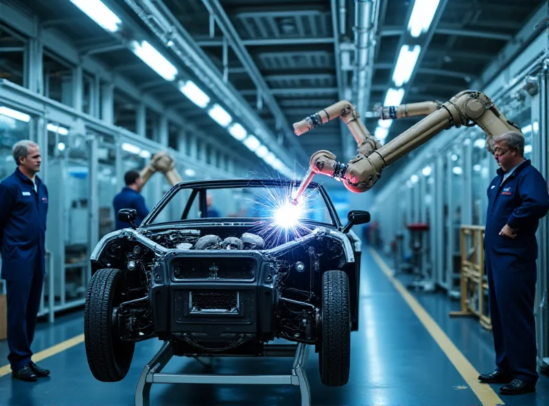 A modern factory floor with robotic arms assembling a car chassis, highlighting the automation in the automotive industry. Focus on precision and efficiency.