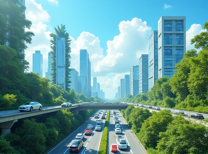 A futuristic cityscape with sleek electric cars driving on elevated highways. The scene should be bright and optimistic, showcasing the potential of electric mobility.