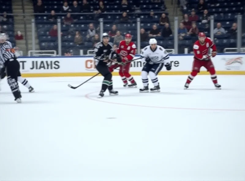 View of a hockey rink with players skating and a referee in the background.
