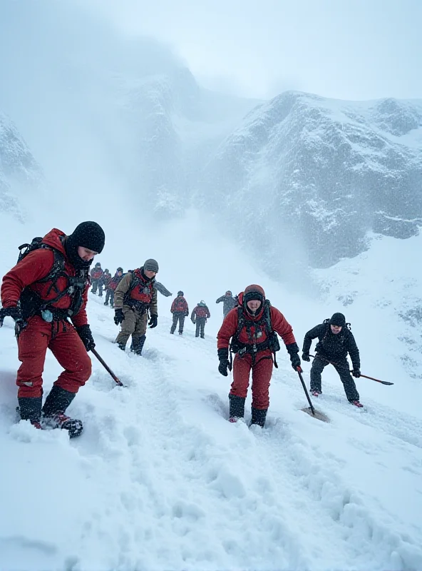A close-up shot of rescue workers digging through snow with shovels and other equipment, faces showing determination and urgency, with a backdrop of a massive snow-covered mountain.