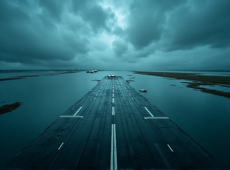 Aerial view of an airport runway partially submerged in water, with dark storm clouds in the background.