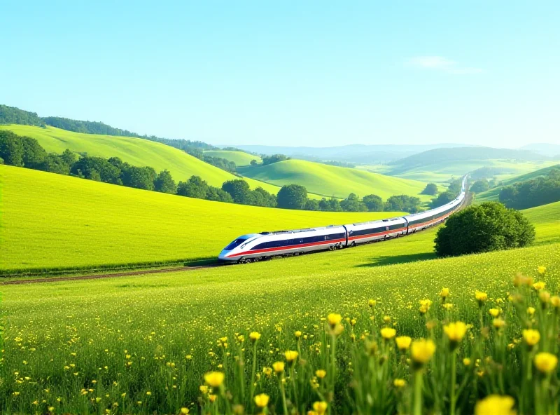 A high-speed SNCF train speeding through the French countryside, with green fields and rolling hills in the background.