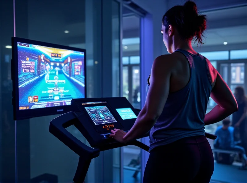 A person using the Aviron gamified treadmill, showing a video game interface on the screen.