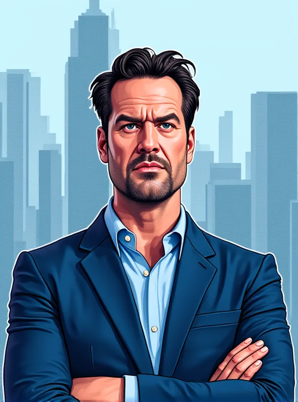 An illustration of Mark Cuban looking determined with a city skyline in the background.