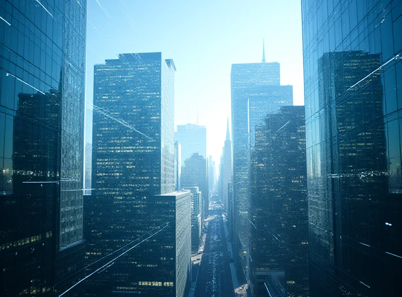Modern financial district skyline reflecting in glass buildings, with subtle AI overlay