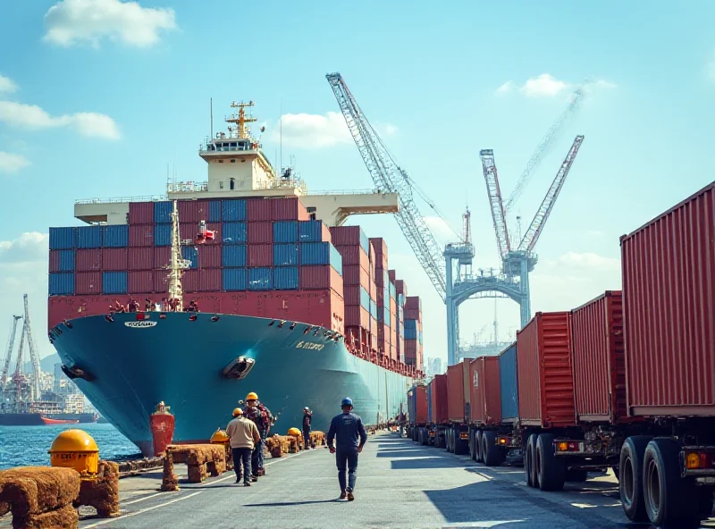 A cargo ship docked at a port in Baku, Azerbaijan, with shipping containers being loaded and unloaded, representing the logistics industry.