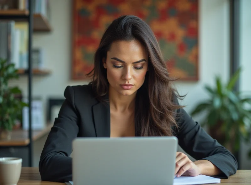 A confident female entrepreneur working on a laptop in a modern office, symbolizing Azerbaijan's support for women in business