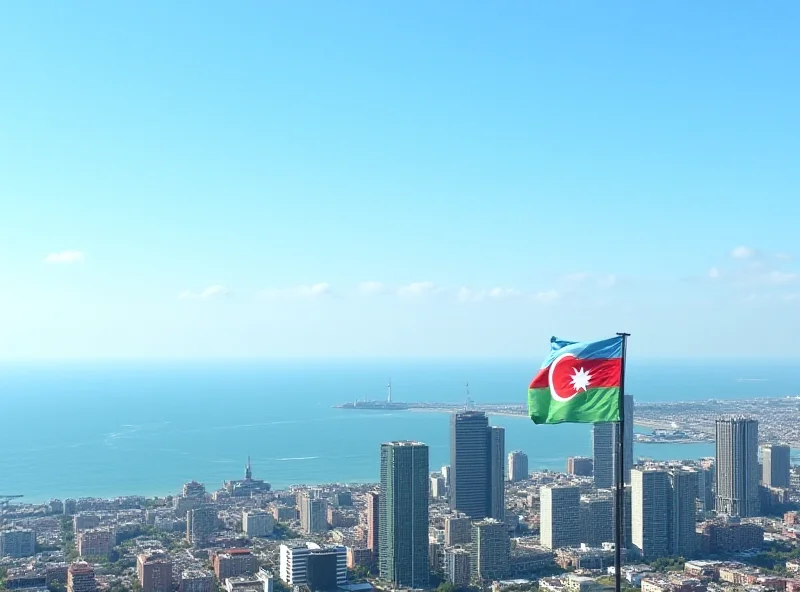 Azerbaijan flag waving in front of a modern city skyline.