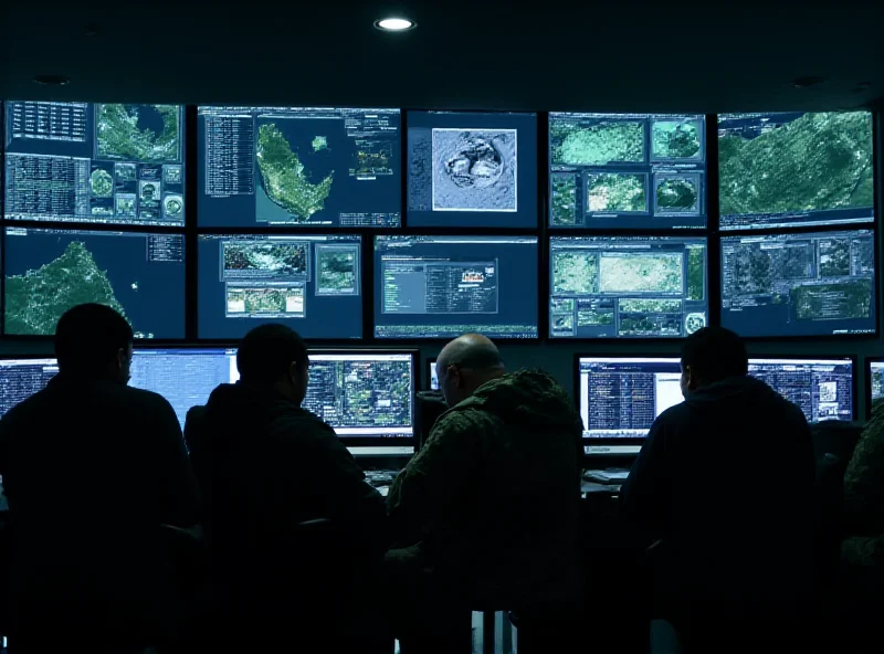 A modern military command center with screens displaying maps and data.