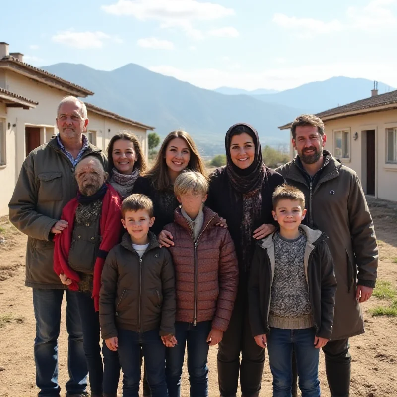 A group of families, including children, standing in front of newly constructed homes in Hasanriz village, Aghdara, Azerbaijan.
