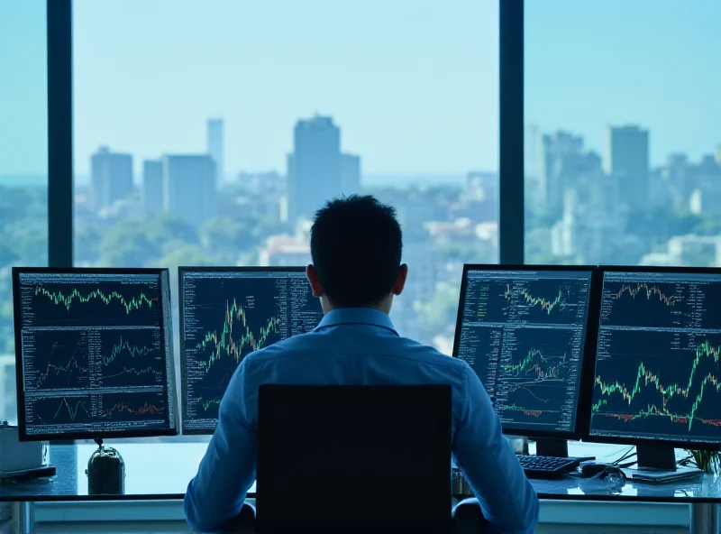 Azerbaijani man working on a computer, analyzing currency market data. Graphs and charts are displayed on the screen.