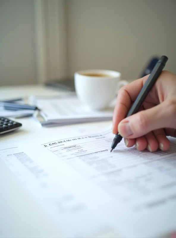 Close up of a hand filling out a tax form with a pen. A calculator and financial documents are visible in the background.