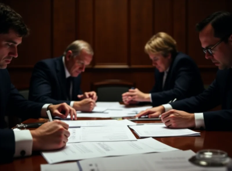 A courtroom scene with documents being reviewed.