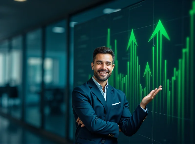 A businessman confidently giving a presentation on financial growth with a green upward arrow.