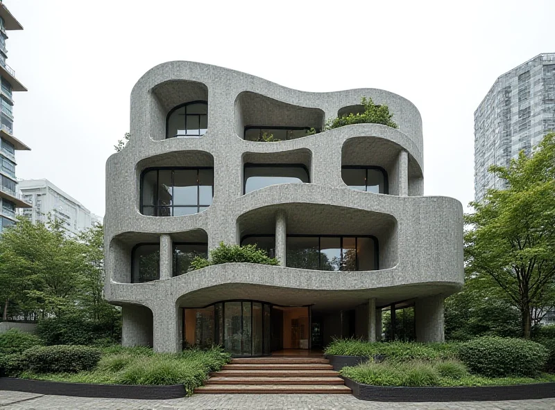 A modern building with unique architectural design in an urban environment.