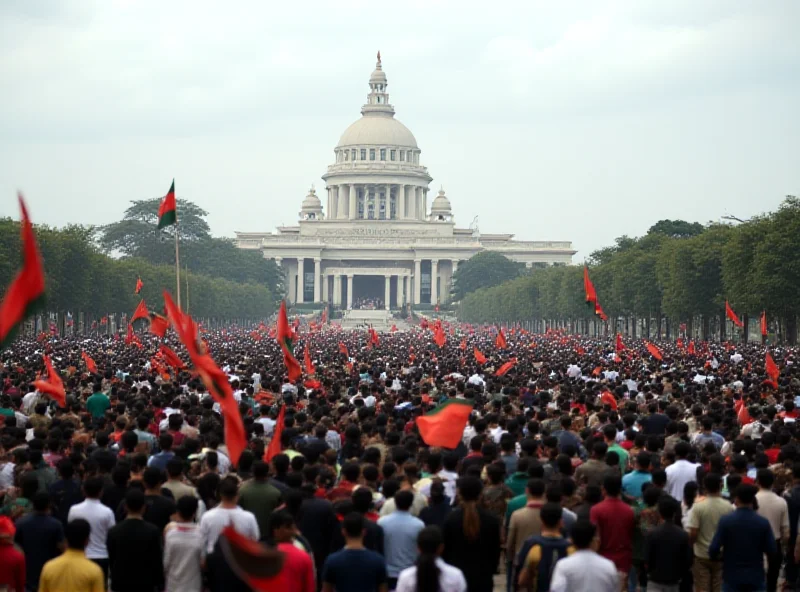 Crowds gathering in front of the Bangladesh parliament building