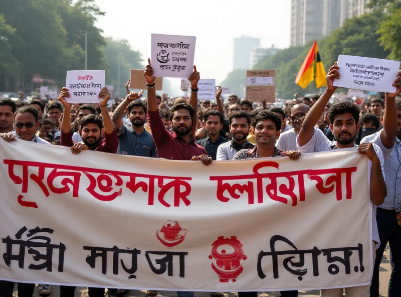 Diverse group of young people marching in a political rally in Dhaka