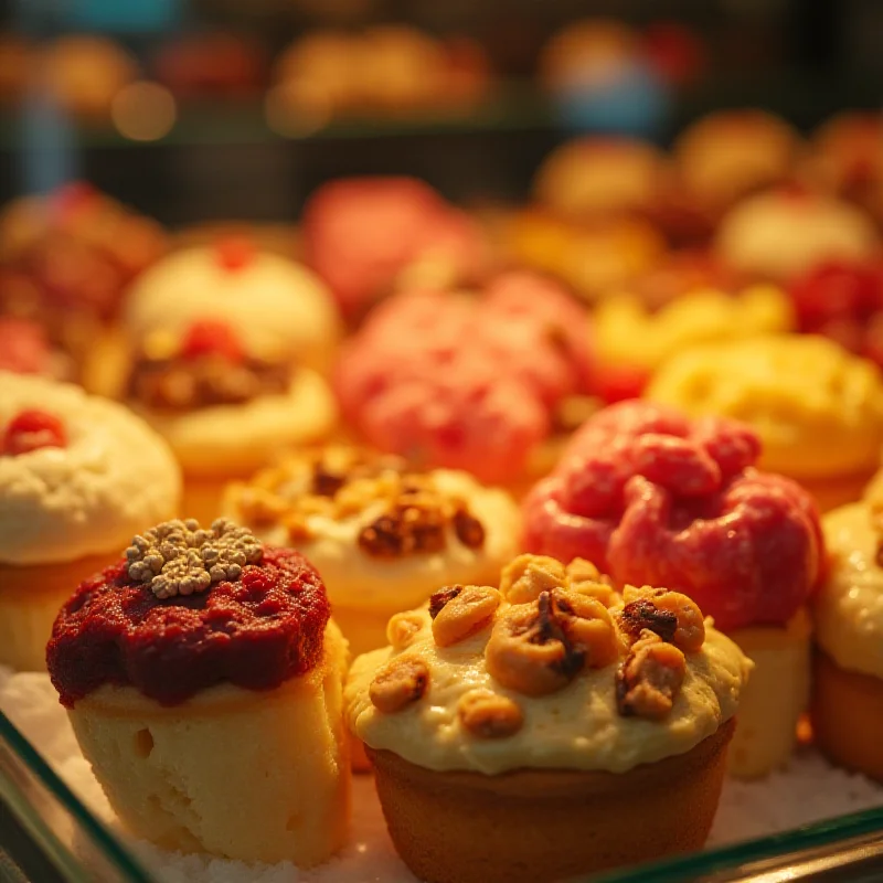 Close-up of beautifully decorated pastries in a display case