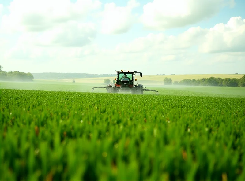 A vast field of crops with a tractor spraying pesticides.