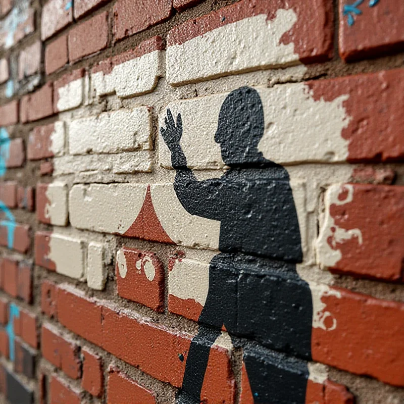 A close up of a Banksy stencil art with a political message. The background is a brick wall with graffiti.