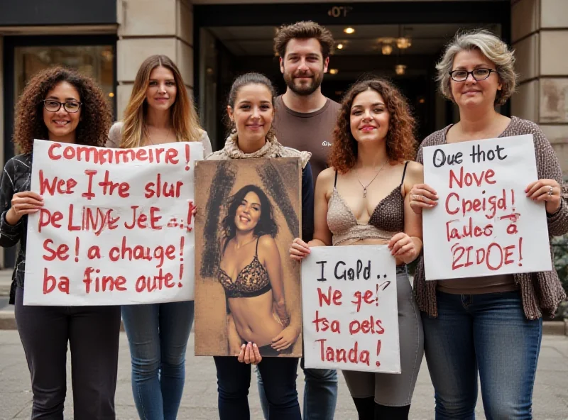 A protest scene in front of a bakery, with people holding signs expressing their disapproval of the advertisement.
