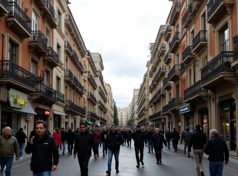 A crowded street in Barcelona with apartment buildings in the background, symbolizing the housing crisis.