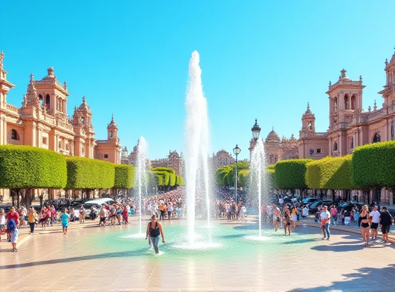 A vibrant view of Plaza Espanya in Barcelona with fountains and the Venetian Towers, showcasing the area slated for pedestrianization.