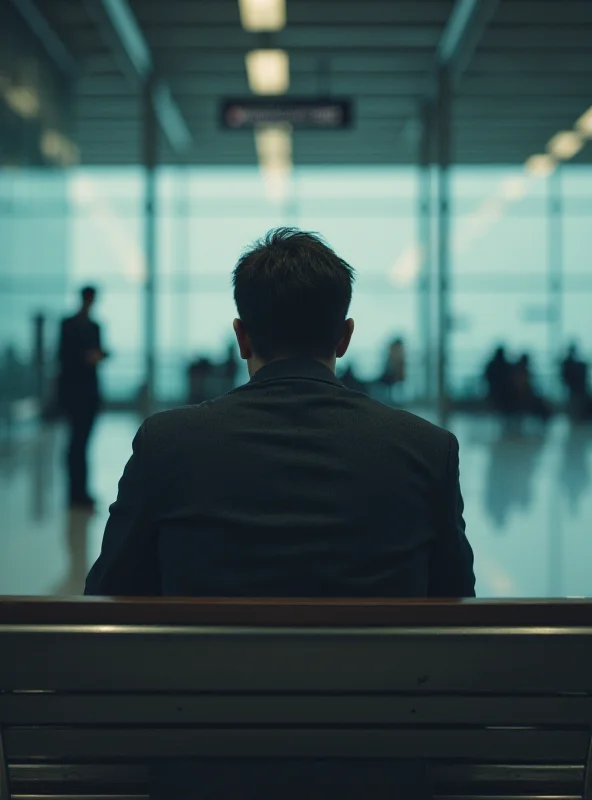 A person sitting on a bench at Barcelona airport, looking distressed, representing the issue of homelessness and lack of social services.