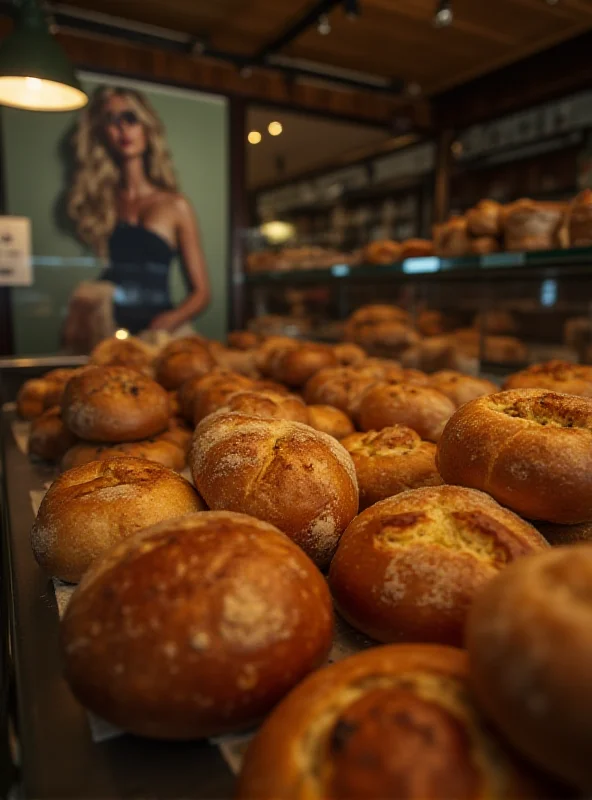 A close-up of a traditional bakery display case filled with various types of bread and pastries, with a subtle advertisement in the background showing women in lingerie.