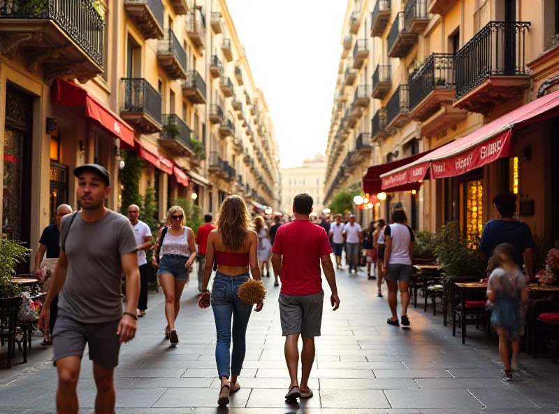 A bustling street scene in Barcelona with tourists and locals.