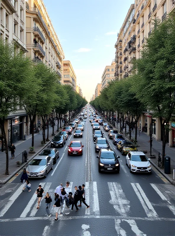 A busy intersection on Diagonal Avenue in Barcelona with traffic and pedestrians.