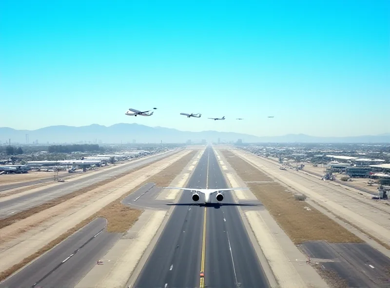 Aerial view of El Prat Airport in Barcelona, showcasing the runways and terminal buildings under a sunny sky.