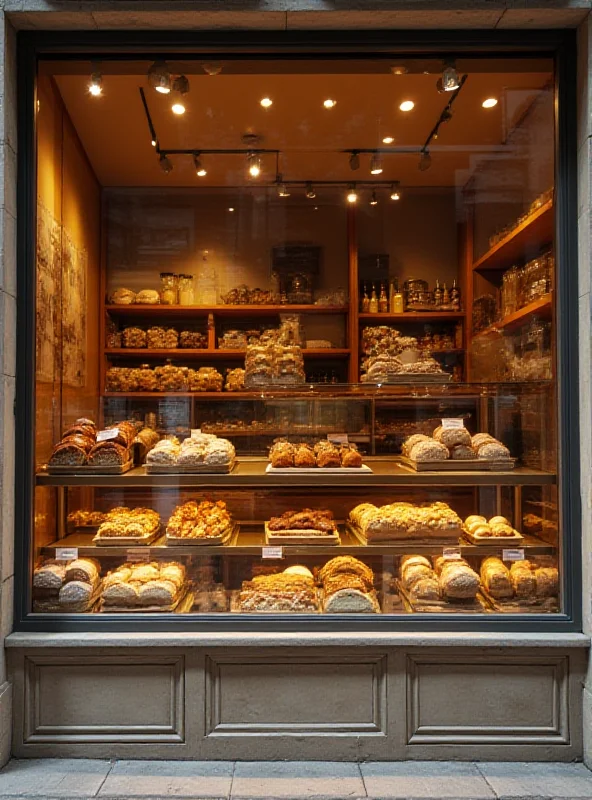 A modern bakery storefront in Barcelona, displaying various types of bread and pastries, with a subtle hint of the controversial advertisement visible in the window.
