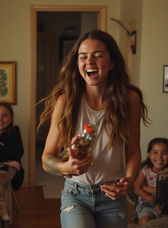A young woman dancing and smiling in a home video setting