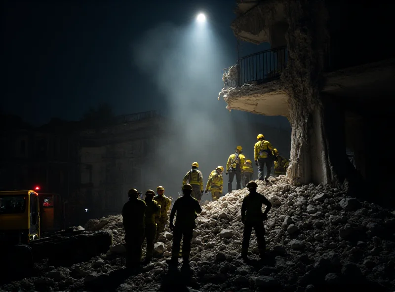 Firefighters working at the site of a collapsed building in Bari, Italy, at night.