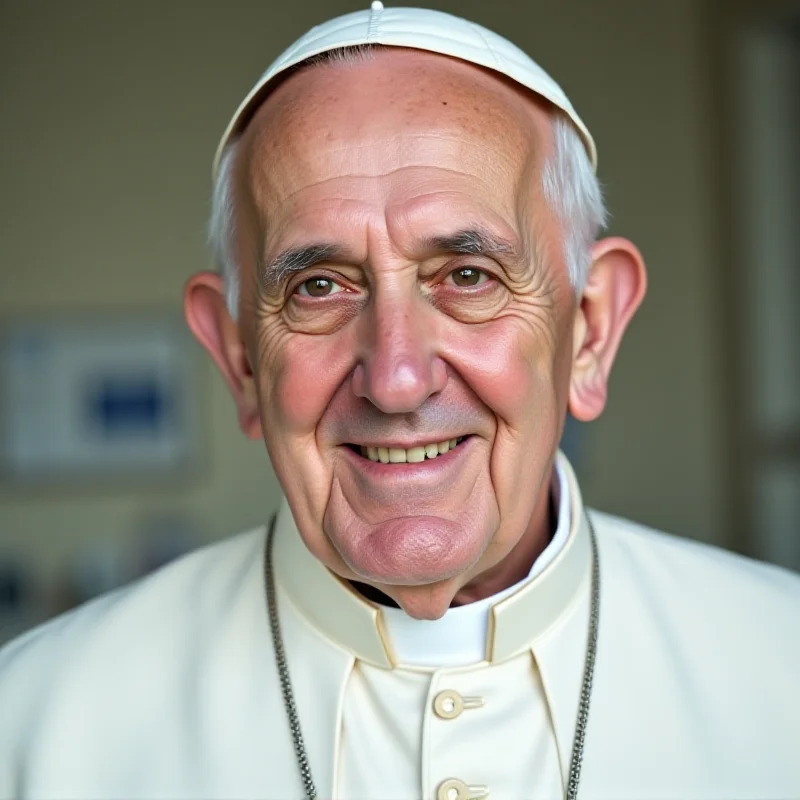 A close-up portrait of Pope Francis looking directly at the camera with a kind expression.