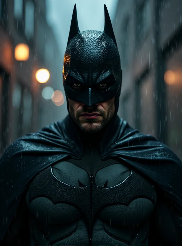 Robert Pattinson in costume as Batman, looking serious and brooding against a dark, rainy Gotham City backdrop.
