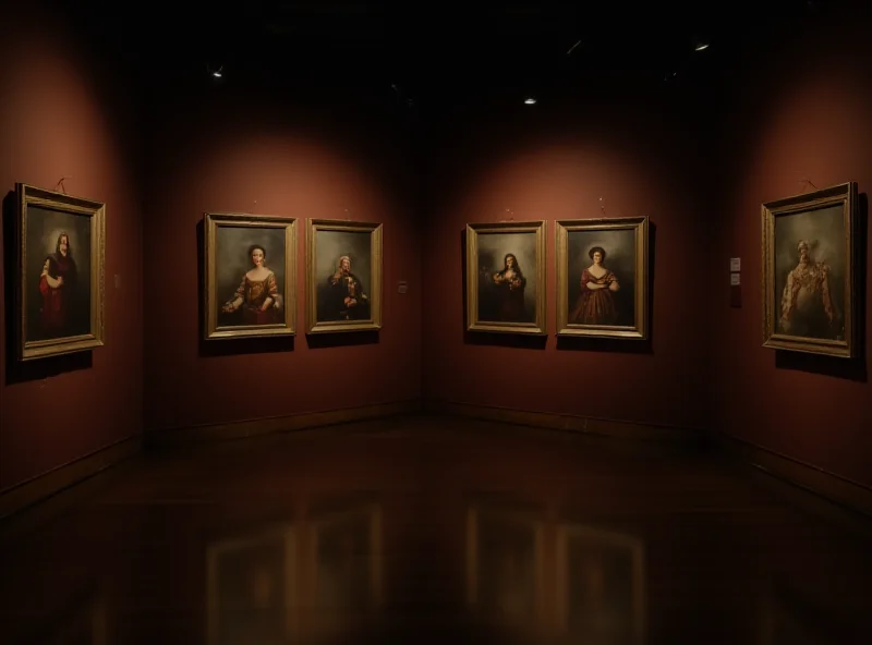 A dimly lit museum gallery with several classical paintings hanging on the wall. Focus is on a painting of a woman in Renaissance attire.