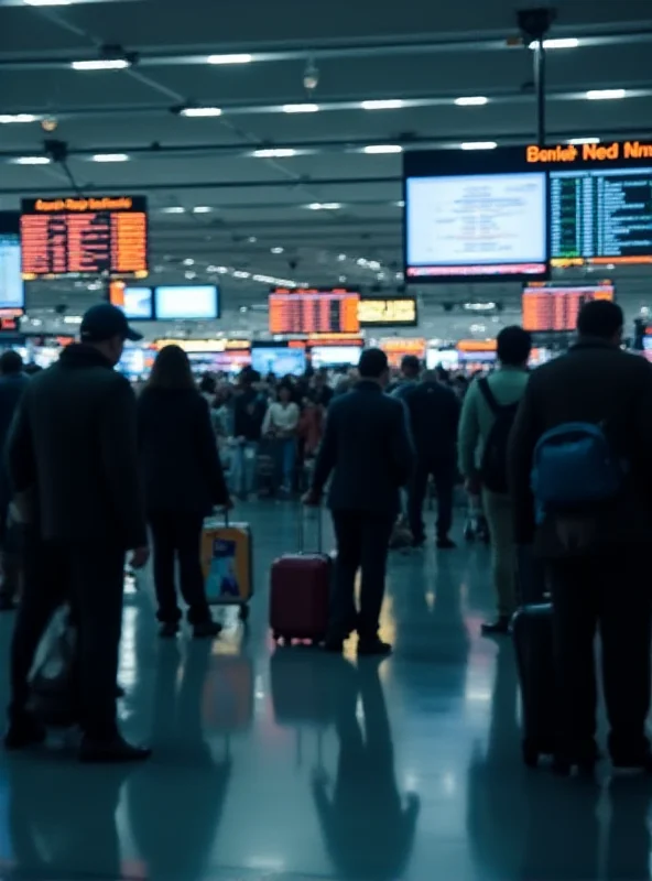 A blurred image of a crowded airport terminal with people waiting and checking flight information screens. Many flights are marked as cancelled or delayed.