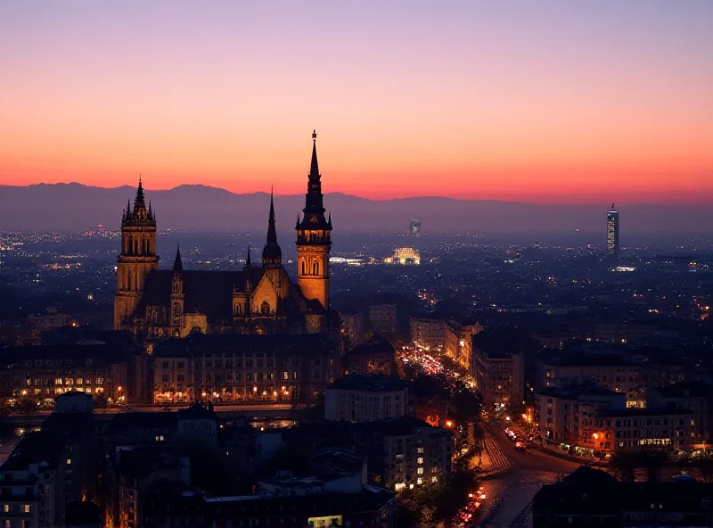 A panoramic view of Munich's skyline at dusk, showcasing the city's architectural landmarks and bustling atmosphere.