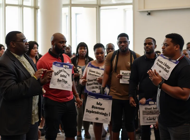 A diverse group of Antioch residents attending a town hall meeting about the police chief search. They are engaged in conversation and holding signs with messages about community policing and transparency.