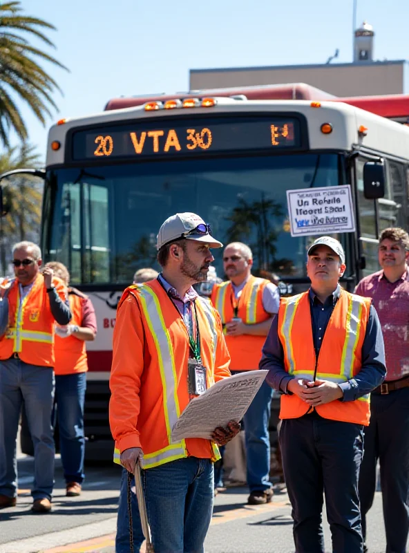 A VTA bus with a picket line in front of it. Union members are holding signs that say 'Fair Wages Now!' and 'Respect Our Workers!'