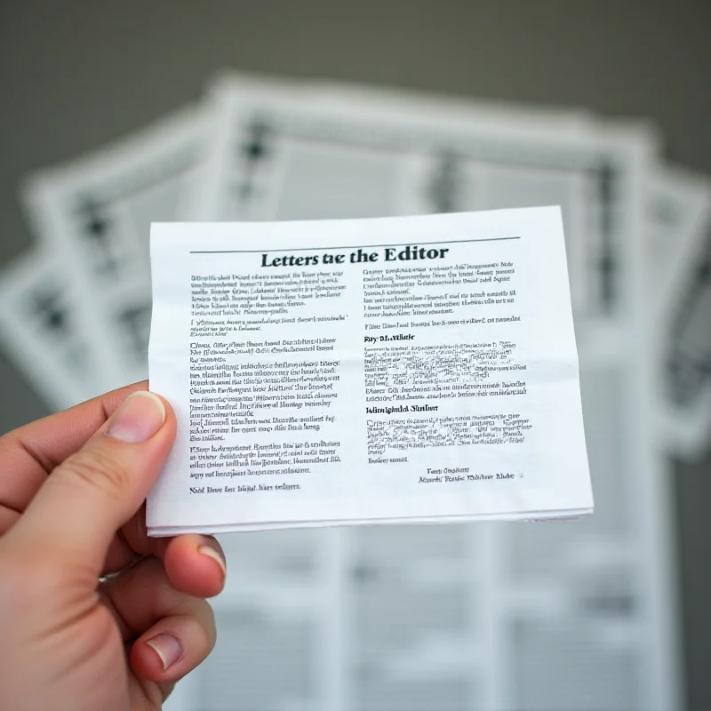 Close-up shot of a hand holding a newspaper with the headline 'Letters to the Editor'. The letters discuss various political and social issues.
