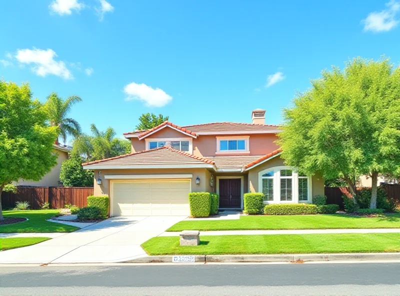 A modern single-family home in Pleasanton with a well-manicured lawn and a blue sky in the background.