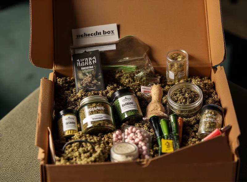 An assortment of cannabis products, including strains, edibles, and accessories, artfully arranged in a subscription box.
