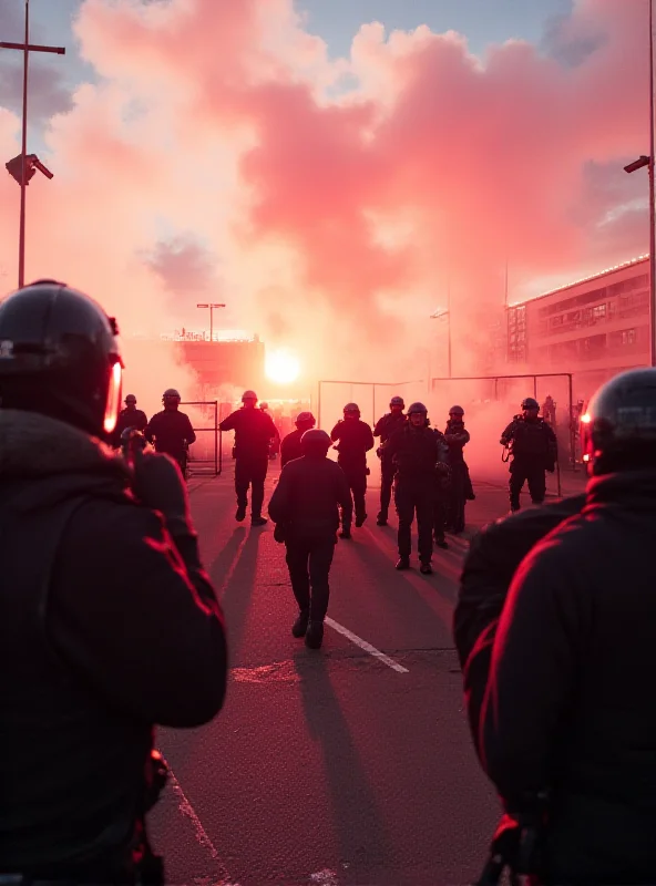 A group of football fans clashing with police outside a stadium. Smoke bombs are visible, and the atmosphere is tense.
