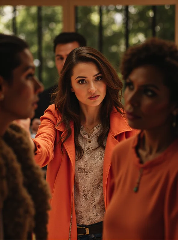 Aline looking surprised and pointing towards other contestants, Vitória Strada standing nearby with a questioning expression.