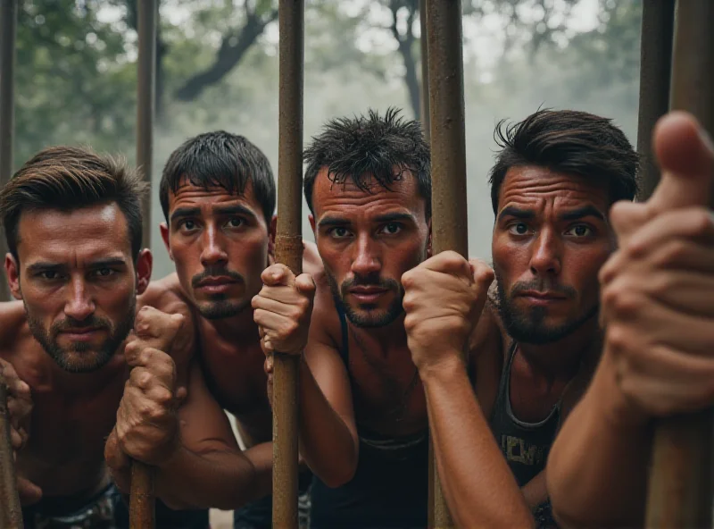 Contestants participating in an endurance challenge, standing in a line holding onto a structure, with the BBB 25 logo visible in the background.